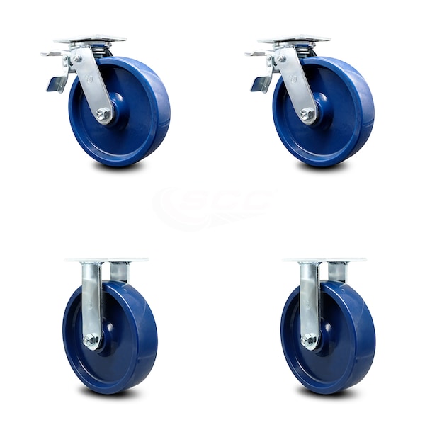8 Inch Solid Polyurethane Caster Set with Roller Bearings 2 Brakes 2 Rigid SCC